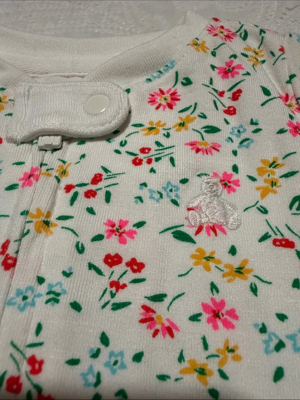 GAP Floral Short Sleeve One-Piece Romper in White with Pink & Yellow Flowers